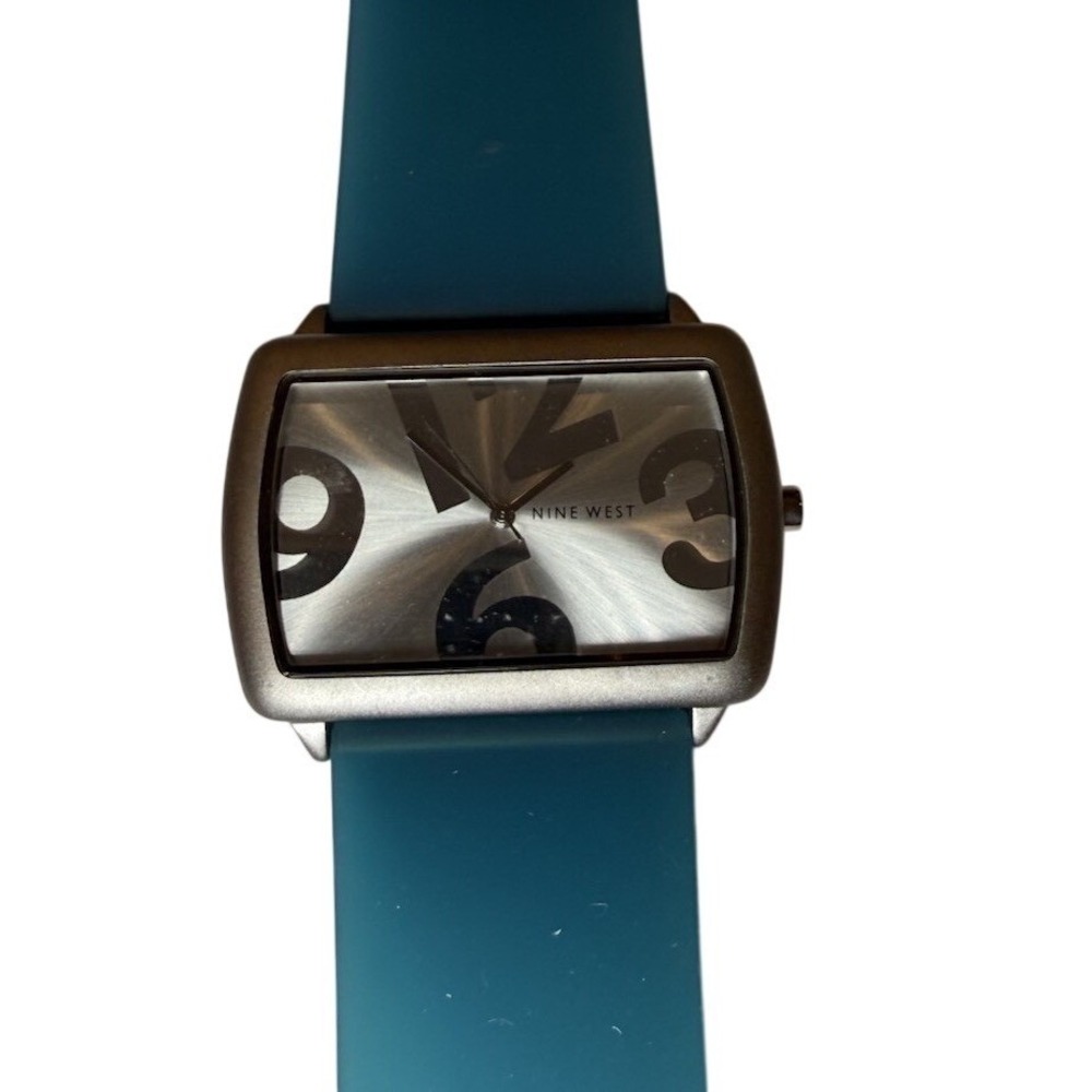 Nine West Watch Womens OS Blue Silver Rectangular Dial Silicone Band Bold Modern